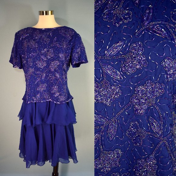 NWT LAWRENCE KAZAR Heavy Beaded Dress M Silk Floral Tiered Overlay Cocktail - Picture 1 of 7
